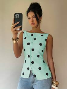 Siren Gaze Vert menthe, chemise gilet élégante à pois à simple boutonnage pour femme, style vintage français, pour brunch, dîner, rendez-vous, fête, été, thé, vacances - Bleu lagon - Voir 4