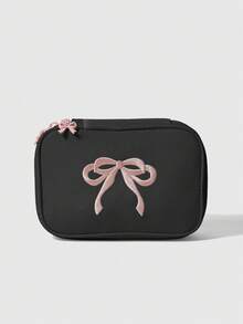 ROMWE Kawaii Bolsa de almacenamiento de cosméticos de gran capacidad con bordado de lazo cuadrado - Negro y rosa - Ver 1