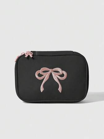Kawaii Quadratische Kosmetiktasche mit Schleifenstickerei und großer Kapazität