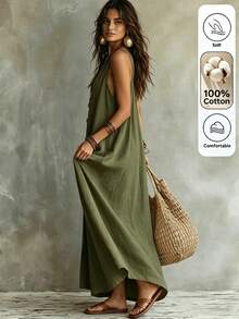 Omancia 女款夏季休閒度假純色洋裝 - 軍綠色 - 查看 2