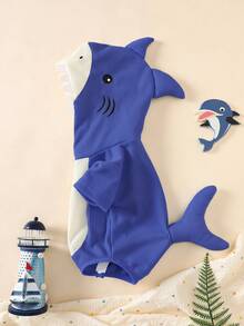SHEIN 新生兒可愛鯊魚 3D 刺繡短袖連帽包屁衣 - 藍色 - 查看 7