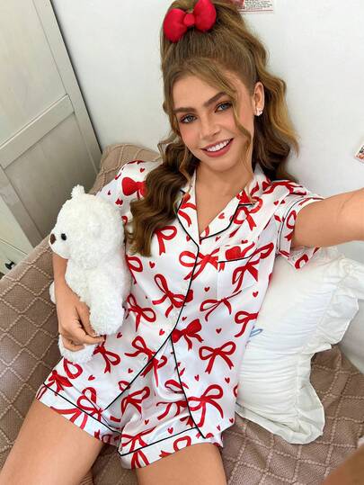 SweetSlumber Women's Sweet Cute Bow & Heart Print Satin Lapel Button-Up Comfortable Pajama Set