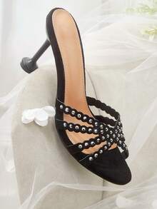 CUCCOO HITCHD Women's New Fashion Suede Rhinestone Open-Toed Round Toe Sexy Stiletto Sandals, Elegant Temperament, Comfortable And Advanced - Black - View 7