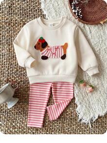 SHEIN Setelan Baju Sweatshirt Lengan Panjang dan Celana Panjang Bergaris Motif Kartun Lucu Kasual untuk Bayi Perempuan (3 Setelan, Dapatkan 1 Setelan Acak) - Putih - View 8