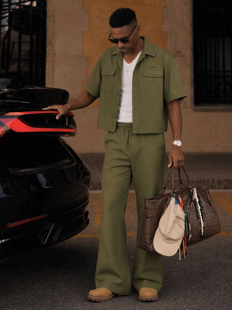 Vientiro Men's Fashion Short Sleeve Shirt & Flare Leg Pants Set - Army Green - View 1