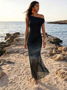 SHEIN Vestido de férias ajustado para mulher, cor lisa, de um ombro e sem mangas - Preto - Ver 3