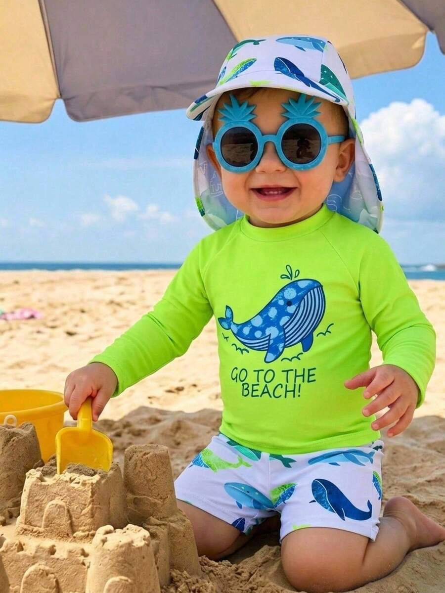 SHEIN 小男孩休閒極簡時尚經典酷感度假風 鯊魚海豚海洋圖案 配色拼接 文字圖案印花 修身圓領長袖連身泳衣 適合夏季、海灘、度假、游泳 - 彩色 - 查看 1