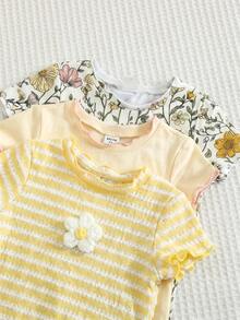 新生兒女嬰幼兒 3件組 春夏甜美可愛檸檬圖案與條紋短袖連身衣套裝，女嬰連身衣，女嬰夏季服飾/套裝，柔軟，復古 - 黃色 - 查看 4