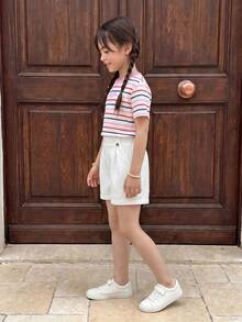 Casuvi Kids 2pcs Tween Girls T-Shirt Set,Blue And White Stripe,Pink Letter Print Round Neck Short Sleeve Tee&White Shorts,Summer,Casual,School,Back-To-School Wear - Pink - View 4