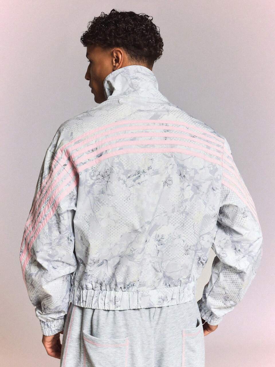 Floral Camo Zip-Up Windbreaker Jacket With Pink Stripe Details And Elastic Hem Full Zip Closure