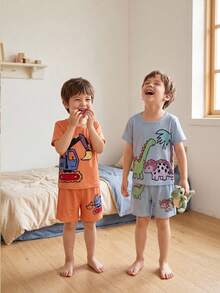 4pcs/Set Young BoyCute Cartoon Dinosaur Print Loose Short Sleeve Top And Shorts Pajama Set - Multicolor - View 3