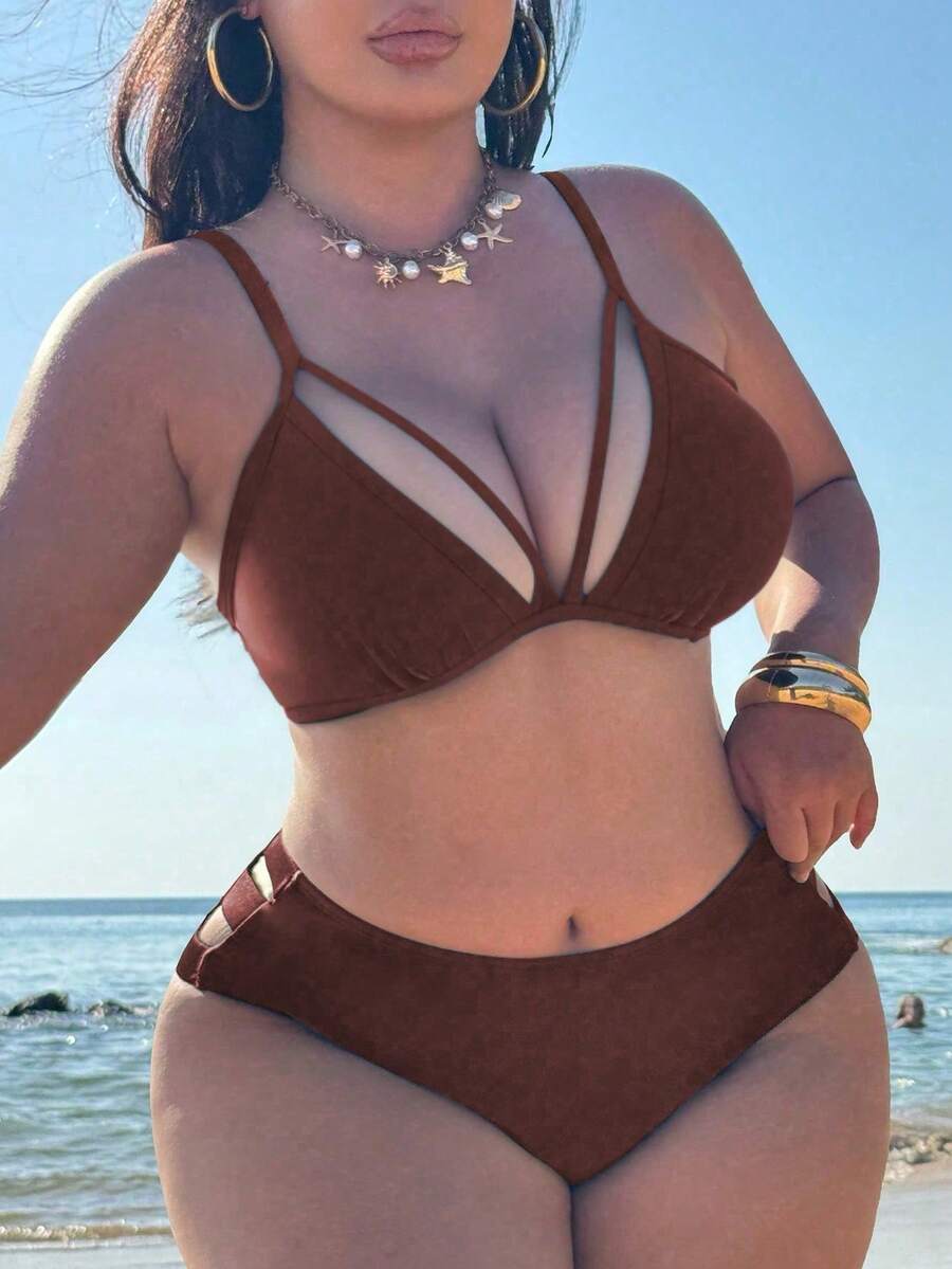 Swim SXY Atasan Bikini Seksi Warna Polos untuk Wanita Ukuran Besar, Cocok untuk Liburan Pantai di Musim Panas - Coklat - View 1