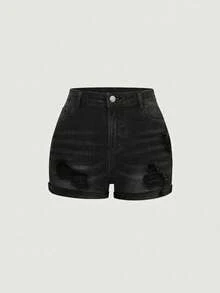 Girlism Teen GirlBlue Denim Ripped Elastic Skinny Shorts - Black - View 5