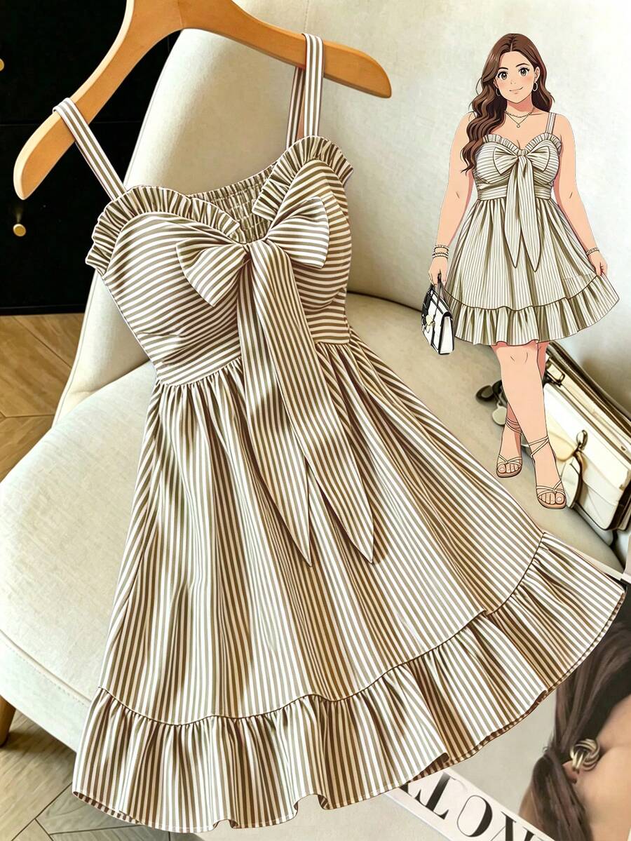 SHEIN LUNE CURVE Plus Size Women's Summer Holiday Blue & White Striped Sleeveless Ruffle Tie Bow Casual Elegant Commute Date Adjustable Shoulder Strap Cinched Waist A-Line Short Dress - Coffee Brown - View 1