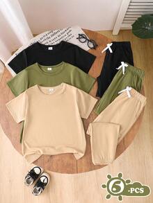 3pcs/Set Boys Summer Casual Solid Color Crew Neck Short Sleeve T-Shirt And Jogger Pants Set, Loose Fit, Multi-Color Options, Suitable For Daily Wear, School Activities, Outdoor Play, Family Gatherings, Photo Shoots - Multicolor - View 3
