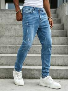 Manfinity Roughcore Aqua Blue Stretch Washed Denim Jeans With Distressed Design Slim Fit Skinny Leg Holiday Summer Streetwear - Blue - View 5