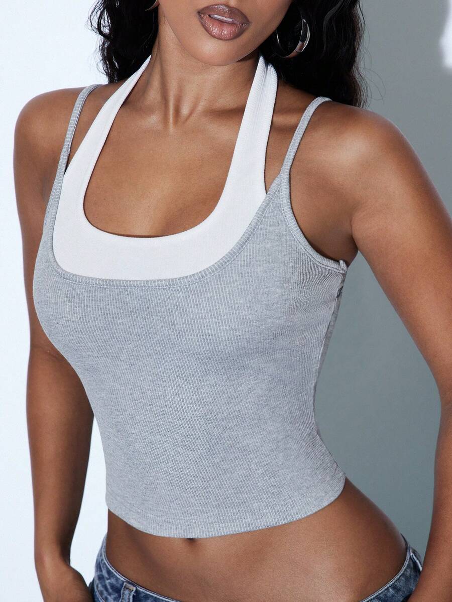 Denimoi Layered Look Tank Top Solid Rib Summer Everyday Wear Layering Fashion Tops Sleeveless Rib Tank - Grey - View 1