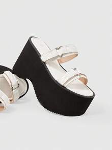 ROMWE Grunge Punk Women's Fashionable High-Heeled Platform Sandals With Heart-Shaped Decorative Buckle And Open Back. - White - View 4