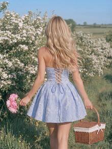 Swim Mod Elegant Light Blue Floral Summer Party Dress, 3D Embossed Pattern Strapless Sleeveless Dress Women,Cocktail Wedding Guest Reception Outfit Vacation - Blue - View 2