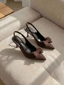 Resyla French Classic Elegant Bowknot Strap Sandals, Pointed Toe High Heels, Versatile Slip-On Sandals For Spring/Summer, Suitable For Commuting And Dresses - Coffee Brown - View 3