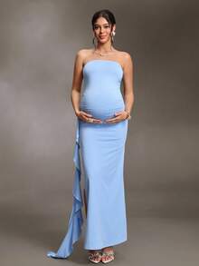 Cheriluna Maternity Maternity Solid Color Ruffle Trim Casual Party & Travel Strapless Dress - Blue - View 3