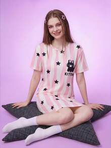 Notgurli Cute Striped & Star Print Women's Short Sleeve Casual Sleep Dress - Multicolor - View 3