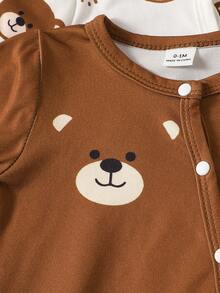 SHEIN Newborn Bear Striped Print Romper - Brown - View 6