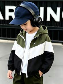 SHEIN Genkimix Kids 1件男童休閒簡約拼色連帽長袖外套，時尚休閒設計，適合夏季穿著，適合4-7歲男孩日常穿著，適用於運動、外出、學校及返校季 - 彩色 - 查看 3