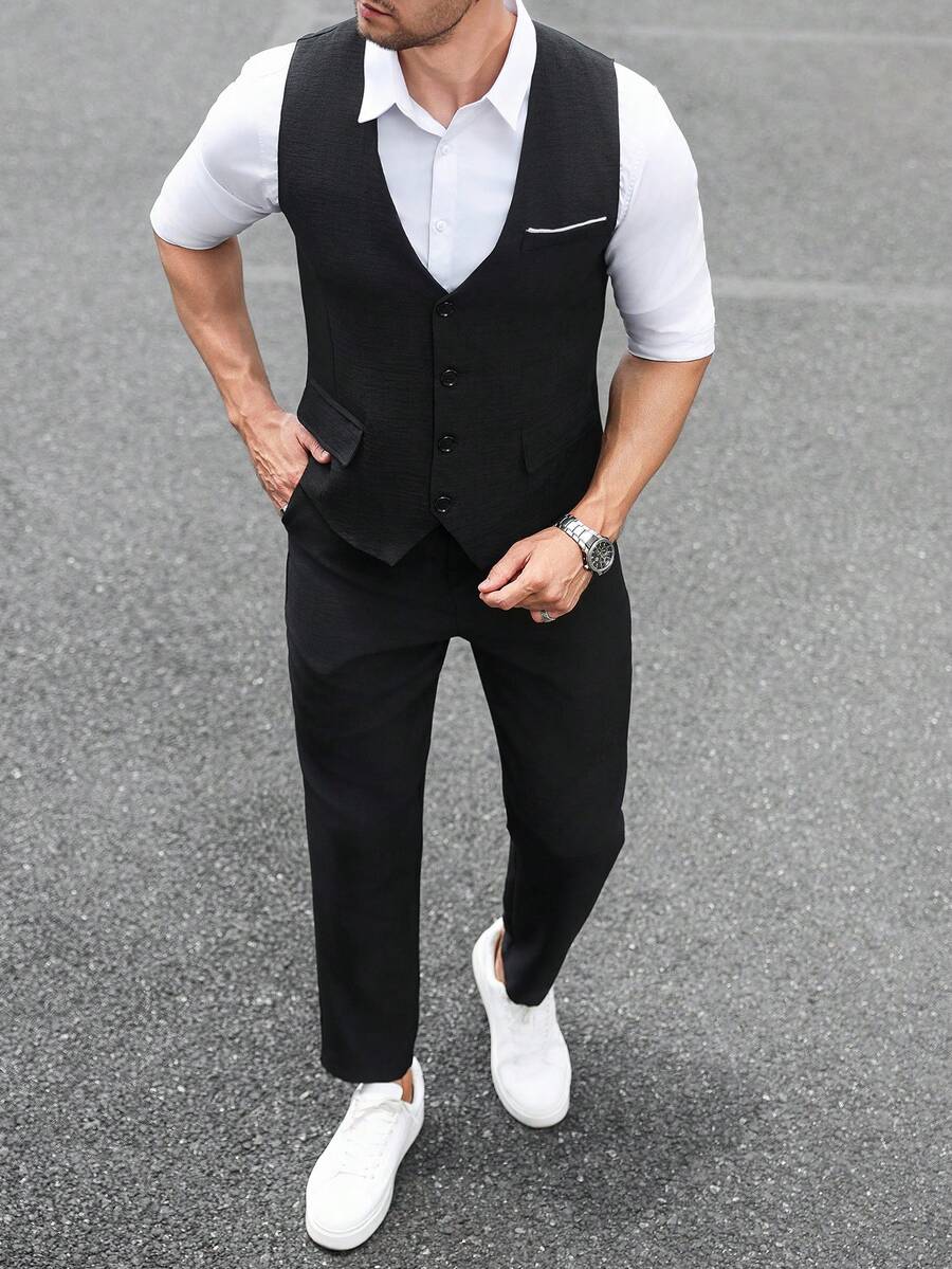Manfinity Mode 男士純色休閒商務西裝套裝,商務正式西裝含背心與長褲,口袋設計與腰帶設計,適合日常通勤、輕鬆工作環境或半正式場合,也是送給男友與丈夫的理想禮物 - 黑色 - 查看 1