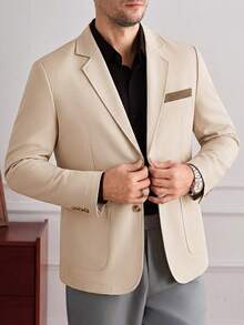 Core Aspect Men's Khaki Light Business Casual Suit, Contrast Design, Unlined Blazer For Young Professionals - Khaki - View 1