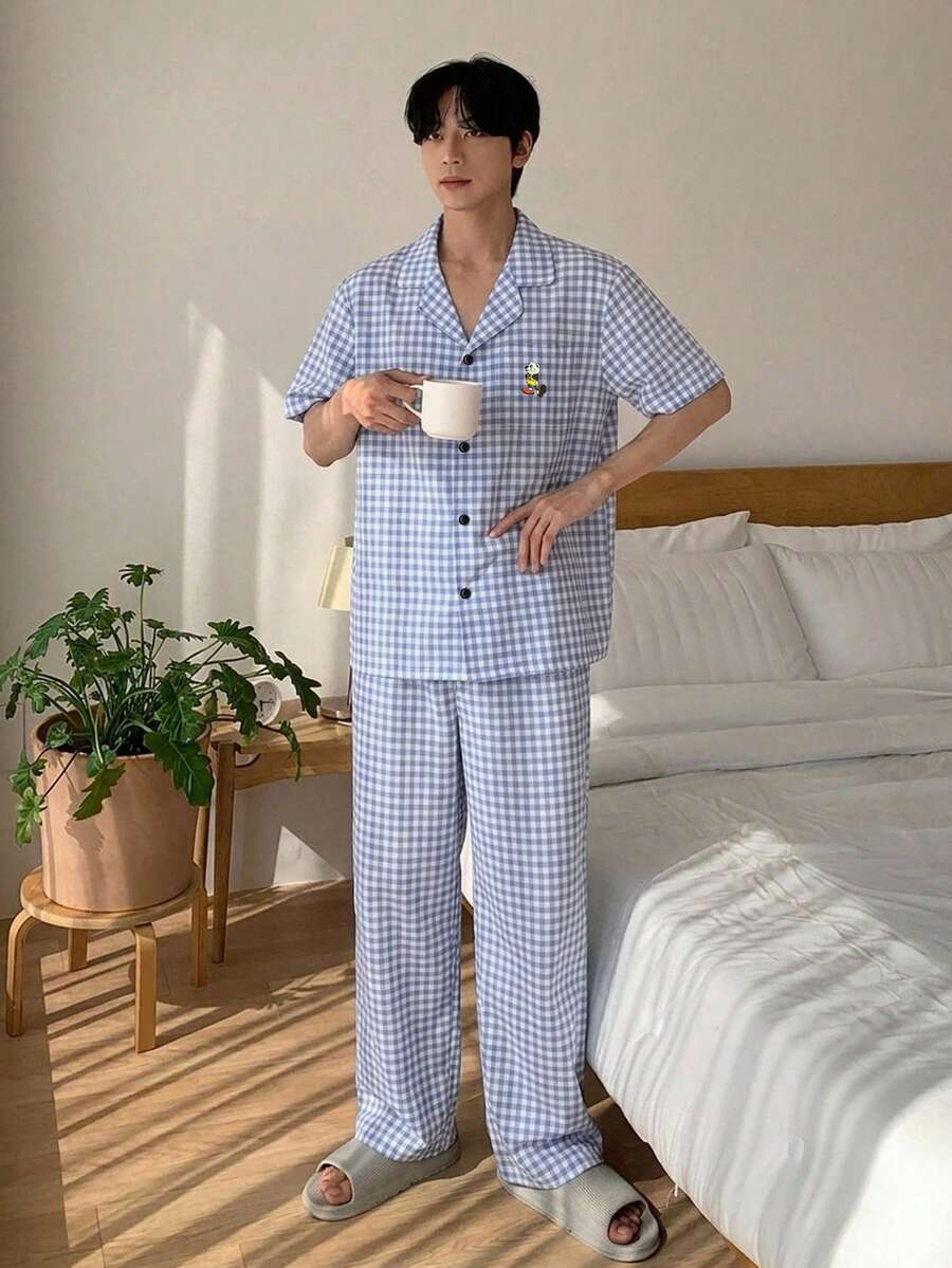 DAZY 淺藍色短袖襯衫與長褲男士居家休閒套裝 - 藍色 - 查看 1