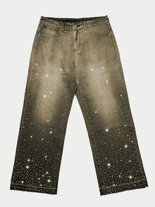 Manfinity EMRG Men's High Street American Streetwear Gradient Washed Wild Rhinestone Loose Wide Leg Pants - Coffee Brown - View 3