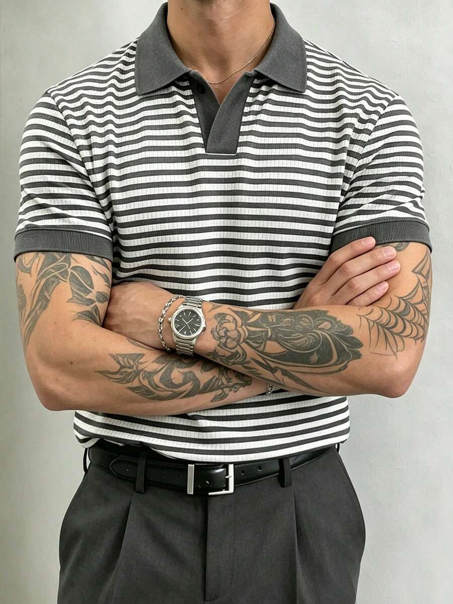 Manfinity Homme 男士拼色條紋印花休閒短袖 Polo 衫,夏季,儀式場合 - 灰色 - 查看 1