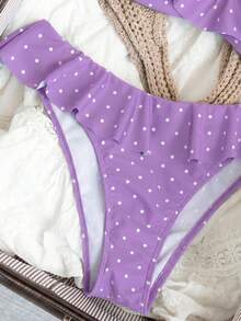 Swim Mod 女款夏季海灘度假波點碎花印花荷葉邊比基尼套裝 - 淡紫色 - 查看 4
