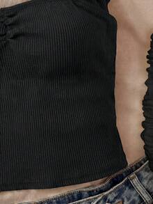 SHEIN Teen Girl Knitted Solid Color Square Neck Ruffle Casual T-Shirt - Black - View 6