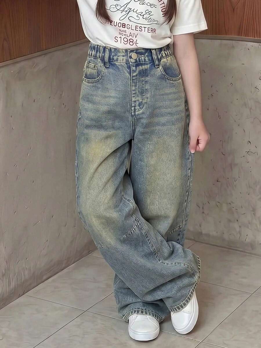 SHEIN Casuvi Kids 时尚黄色撞色缝线设计水洗蓝直筒宽松休闲阔腿牛仔裤，适合少女穿着，春、秋、冬三季休闲外出及户外穿着。 - 深色水洗藍 - 查看 1