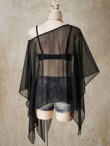 SHEIN ICON 黑色大尺碼女款網紗不對稱下擺不對稱肩鬆垮上衣 - 彩色 - 查看 2