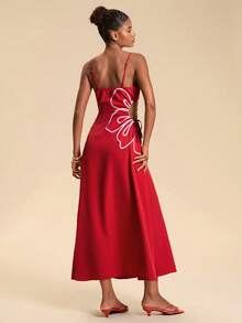Travachic Vacation Petal Embroidery Cutout Ruched Cami Dress Vacation Red Floral Summer Elegant - Red - View 2