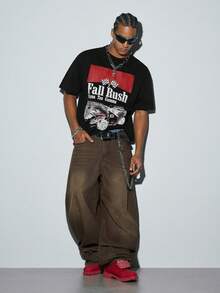 Modcrash Men's Fashion Hiphop Letter & Racing Car Graphic Print Short Sleeve T-Shirt - Black - View 4