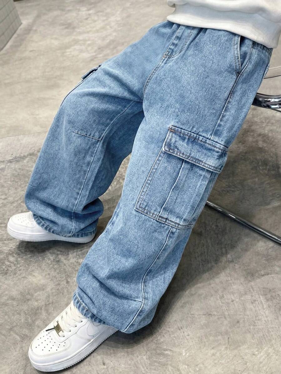 大童男孩時尚休閒 Y2K 復古酷炫街頭風 彈性鬆緊腰帶與工裝口袋設計 藍色寬鬆寬腿牛仔褲 適合兒童日常穿著 春夏季電音節慶 歡樂街頭風 返校季 - 淺色水洗藍 - 查看 1