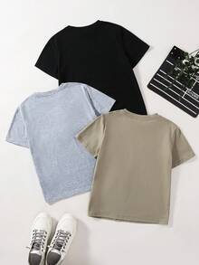 SHEIN 3件組買2送1 青少年男孩女孩兒童休閒字母印花圓領針織套頭T恤運動服，黑色、白色、卡其色，適合學校、外出、派對，春/夏季 - 彩色 - 查看 5