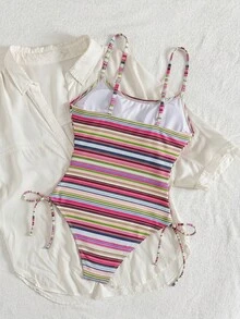 Swim SPRTY Women's Spring/Summer Latest Fashion Beachwear Beach Vacation, Pink Stripe Colorblock One-Piece Bikini, Casual Outfit, Elegant Sexy Summer Swimsuit - Multicolor - View 4