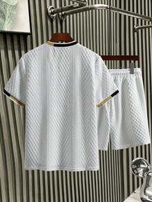 Manfinity Homme 男士針織提花純色紋理金邊羅紋領口與袖口白色T恤短褲套裝，度假風 - 白色 - 查看 2