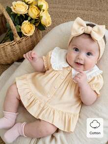 SHEIN Newborn Cute Cartoon Heart Pattern Suspender Bow Decor Princess Dress, Suitable For Spring/Summer Outings, Vacations And Parties - Yellow - View 4