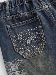 ROMWE MEN Street Life 青少年男孩休閒水洗龍圖案刺繡牛仔長褲 - 藍色 - 查看 5
