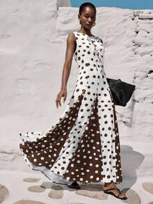 Aveloria Modichic Minimalist Black & White Polka Dot Sleeveless Tie Neck Dress, Vintage Youthful Style, Suitable For Summer Picnic, Beach Vacation, Date, Women's Ultra Long Dress - Multicolor - View 6