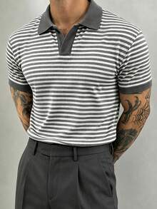 Manfinity Homme 男士拼色條紋印花休閒短袖 Polo 衫，夏季，儀式場合 - 灰色 - 查看 4