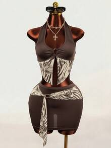 Mistrie Summer Sexy Animal Print Patchwork Backless Halter Top And Skirt Set - Brown - View 5
