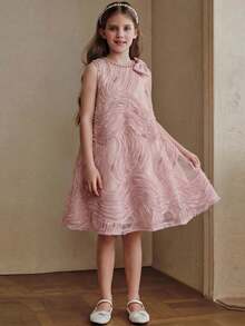 Anewsta Vestido de princesa corto para niña, primavera/verano, nuevo, para fiesta de cumpleaños y banquete del primer año, elegante y lindo, de tela bordada, cuello redondo, decoración de perlas, hombros con lazo desmontable, sin mangas - Rosa Pálido - Ver 6