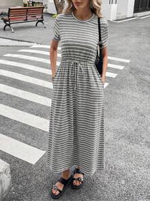 SHEIN Essnce 大尺碼女款灰色短袖休閒寬鬆夏季洋裝，適合外出、正式場合、婚禮賓客、度假、畢業造型 - 深灰色 - 查看 6